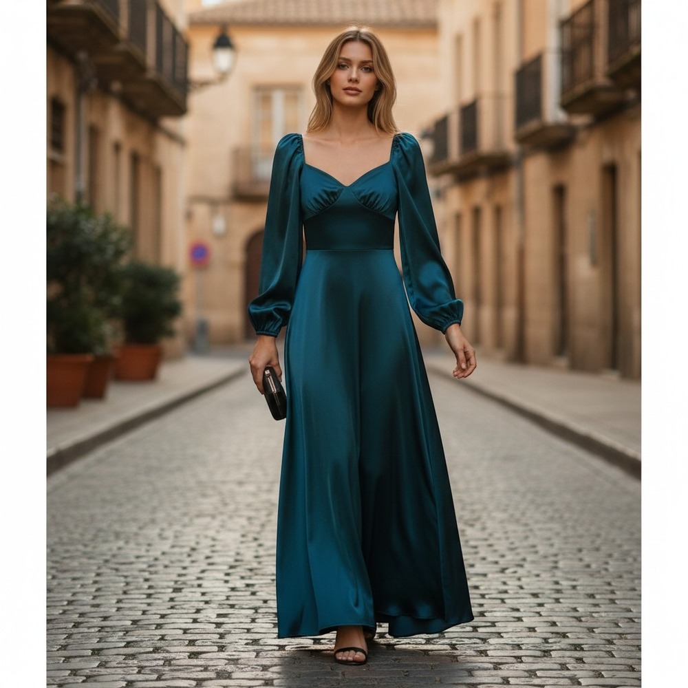 MAC DUGGAL Sz 12 Teal Satin Aline Sweetheart Neck Long Sleeve Maxi Dress Elegant